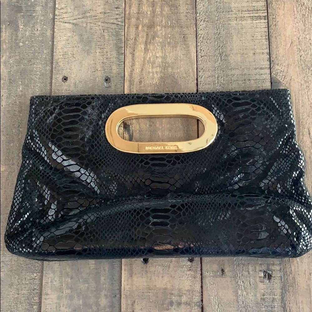 Michael Kors Black Patent Snake Embossed Gold Frame Clutch Evening Bag